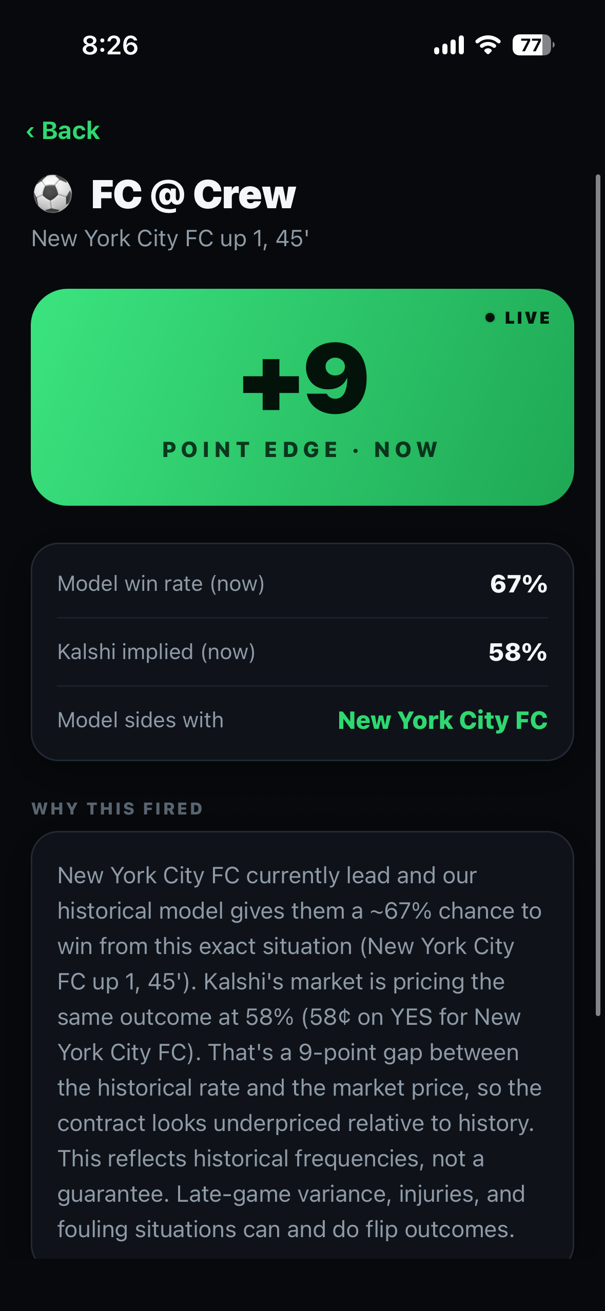 Deviate alert detail showing a model-to-market comparison and explanation