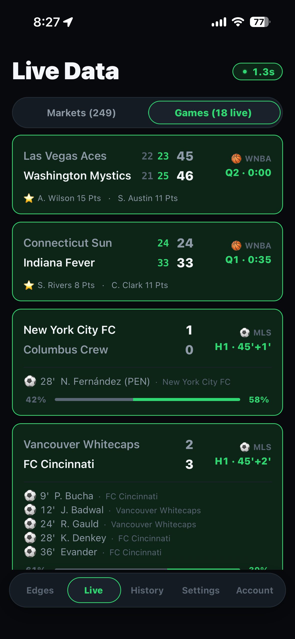 Deviate Live screen on iPhone, with basketball and soccer game situations