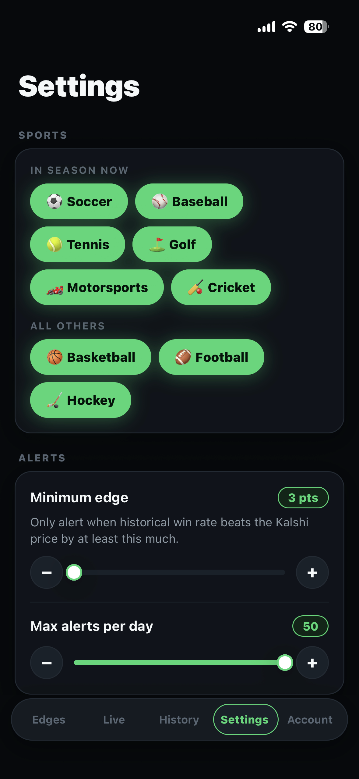 Deviate iPhone settings for followed sports, minimum edge, daily alert cap, and quiet hours